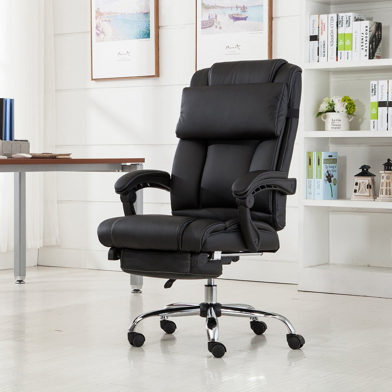 Belleze Executive Reclining Office Chair High Back PU Leather Footrest Armchair Recline w/ Pillow -Black